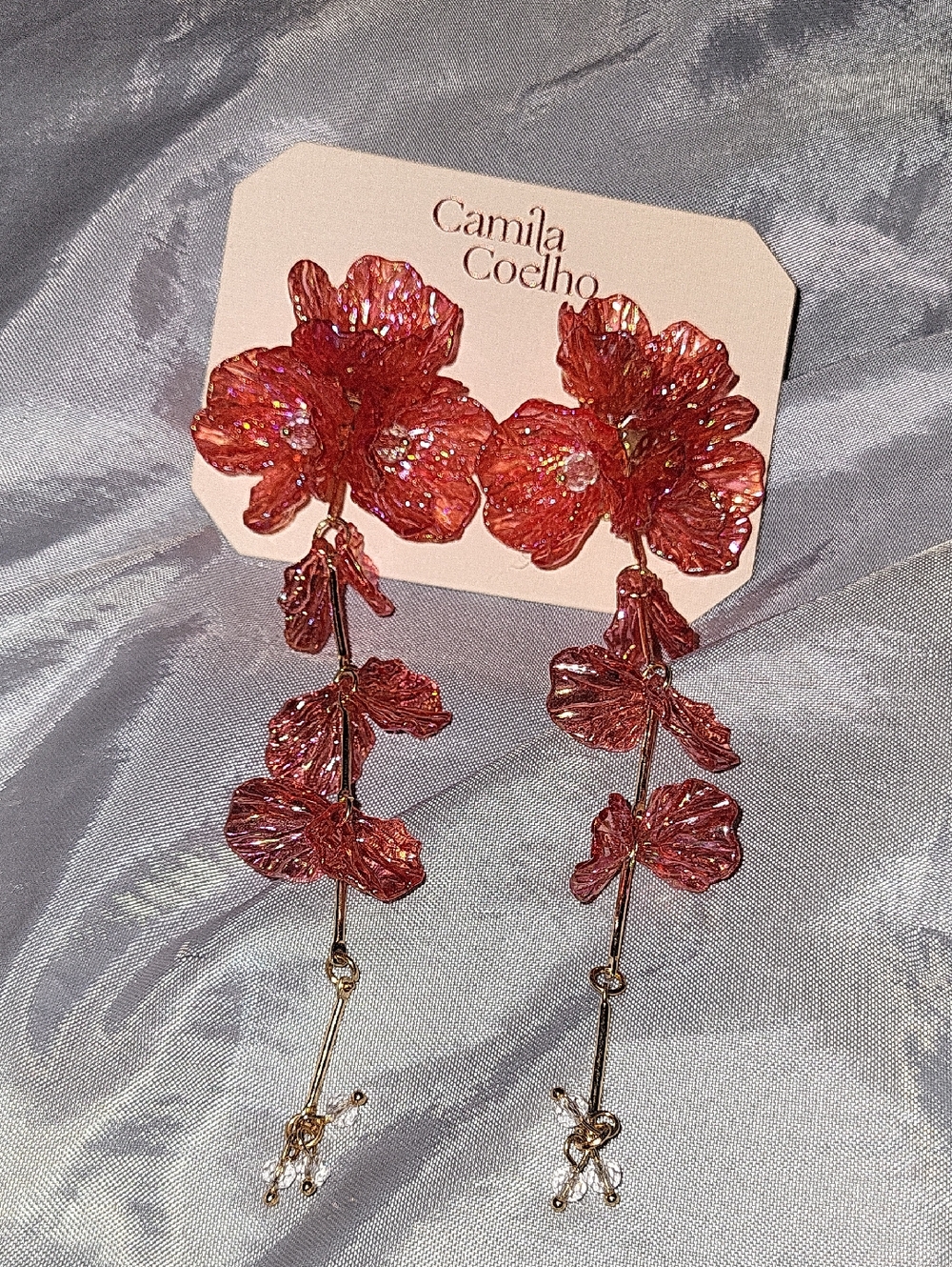 Camila Coelho Iridescent Coral Pink Floral Long Drop Earrings Te Ty LS - Picture 3 of 3